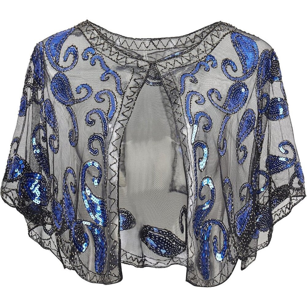 🆕 Women Blue Sequin Beaded Evening Cape Bridal Shawl Bolero Flapper Cover Up